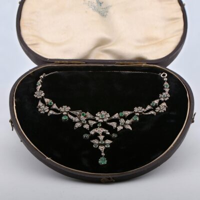Rare Victorian Diamond Emerald 18 Kt Silver Boxed necklace