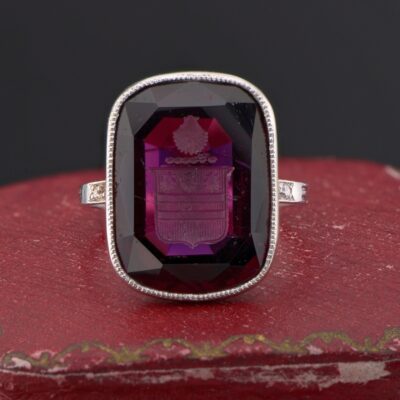 French Edwardian Coat of Arms 11.00 Ct. Verneuil Sapphire Diamond Platinum Seal Ring