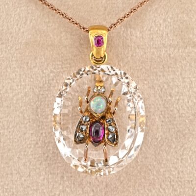 Victorian Rock Crystal Ruby Diamond Opal 18 Kt Gold Fly Pendant