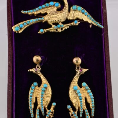 French Georgian Turquoise Bird Earrings and Brooch 18Kt Gold Set