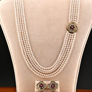 Estate Pearl Sautoir Necklace Earrings Ruby Diamond Suit