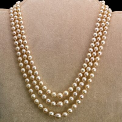 Art Deco Triple Strand Cultured Sea Pearl Diamond Necklace