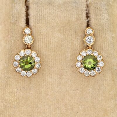 Edwardian 1.20 Ct Peridot 1.00 Ct. Diamond 18 Kt Petit Drop earrings