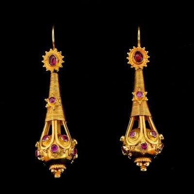 Etruscan Revival Natural Ruby 18 KT Gold long drop Earrings