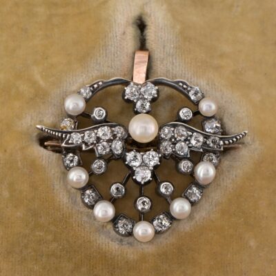 Victorian 1.80 CT Diamond Natural Pearls Winged Heart Brooch/Pendant