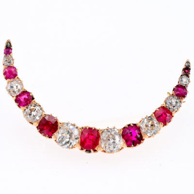 Victorian 4.40 Ct Diamond 3.0 Ct Ruby 18 KT Crescent Brooch