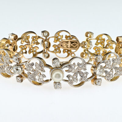 Art Nouveau 9.50 Ct Diamond Natural Pearl 18 Kt Platinum Bracelet
