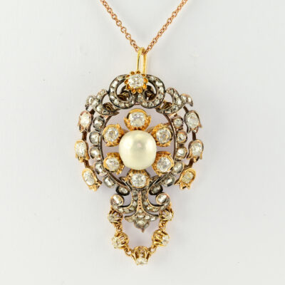 Victorian Rare 4.90 Ct Diamond Natural Pearl 18 KT/Silver Pendant