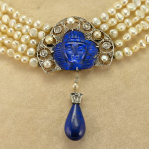 Art Deco Egyptian Revival Lapis Diamond Pearl Necklace
