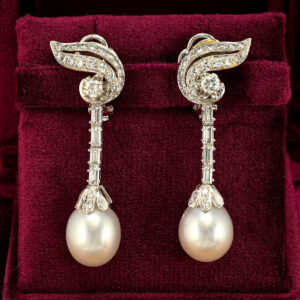 Retro 2.15 Ct  G VVS Diamond South Sea Pearl Drop Earrings