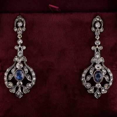 Victorian Natural Sapphire Rose cut Diamond Drop Earrings 18 KT/Silver