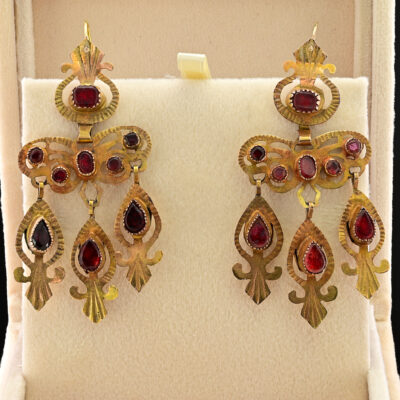 Georgian Rococo Red Paste Stone 9 KT Gold Bow Earrings