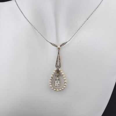 Edwardian 1.20 Ct Diamond Solitaire Natural Pearl Platinum /Gold Necklace
