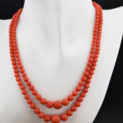 Art Deco Double Strand Natural Red Coral Necklace Gold Clasp