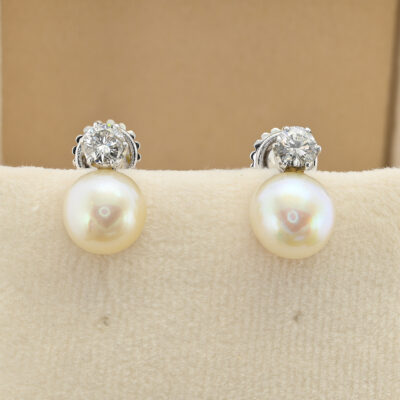 Art Deco 9 mm. Pearl  .65 Ct Brilliant Cut Diamond 18 KT Screw Earrings