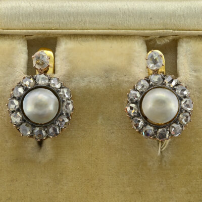 Victorian 6.6 mm. Natural Pearl Rose Cut Diamond Cluster Earrings 18 KT