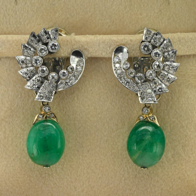 Art Deco Umberto Fontana 3.20 Ct Diamond 40.00 Ct Emerald Drop Earrings