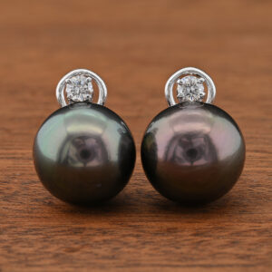 Oversize 15 mm. Black Tahitian South Sea Pearl Diamond Diamond Earrings