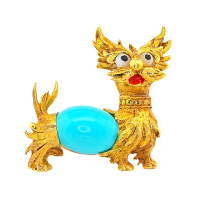 Mid Century Turquoise Dog Brooch 18 KT