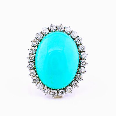 1960 Persian Turquoise Diamond Large Cocktail Ring Platinum 18 KT Gold