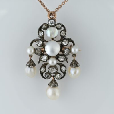 Victorian Natural Pearl Diamond 18 KT Brooch Pendant