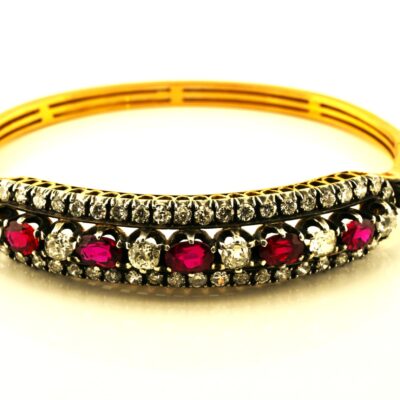 Victorian 3.80 Ct Natural Ruby 4.60 Ct. Diamond 14 KT Gold Riviere Bangle